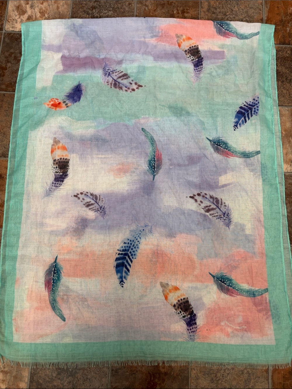 Lightweight Feather Print Women’s Scarf - Mint, Coral & Lavender
